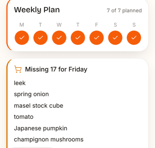 The home screen showing the week 7 of 7 planned and 17 things still missing for Friday.