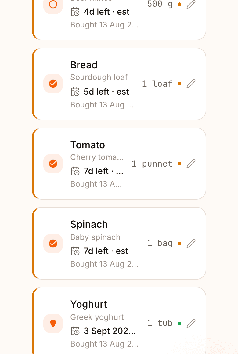 Pantri pantry items showing automatic expiry estimates like 4 days left.