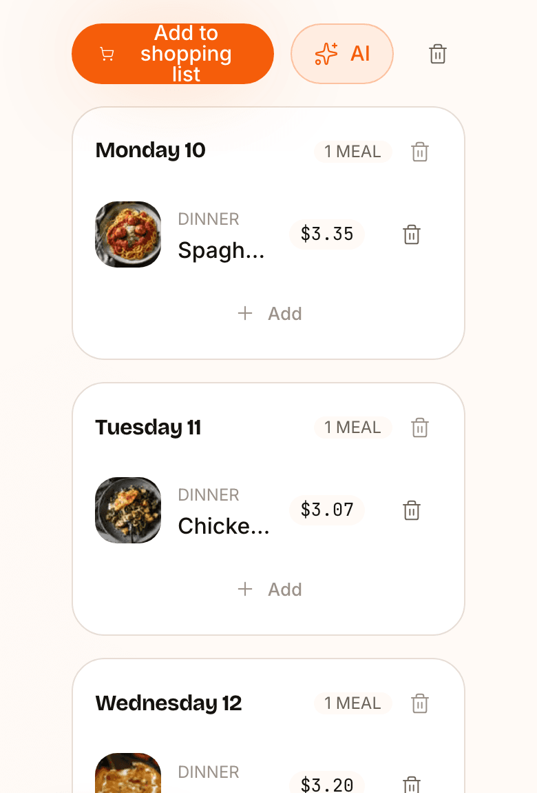 Pantri's This Week screen: a planned week with a price on every meal and an AI planning button.