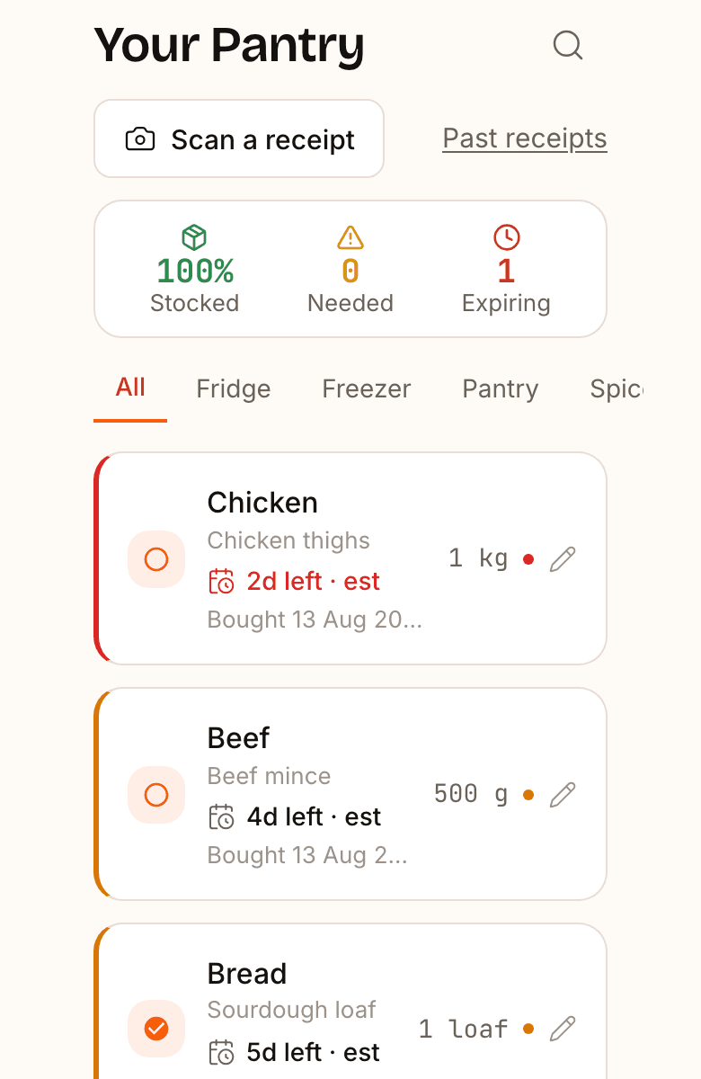 Pantri's pantry screen: stocked items with quantities, categories and status chips.