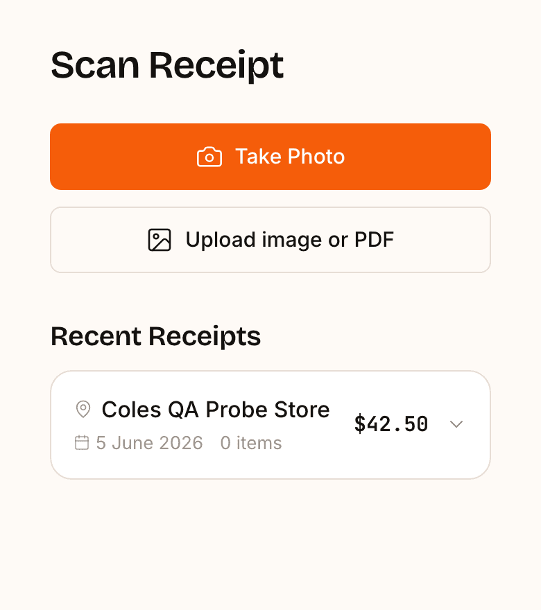 Pantri's Scan Receipt screen with Take Photo and Upload options.