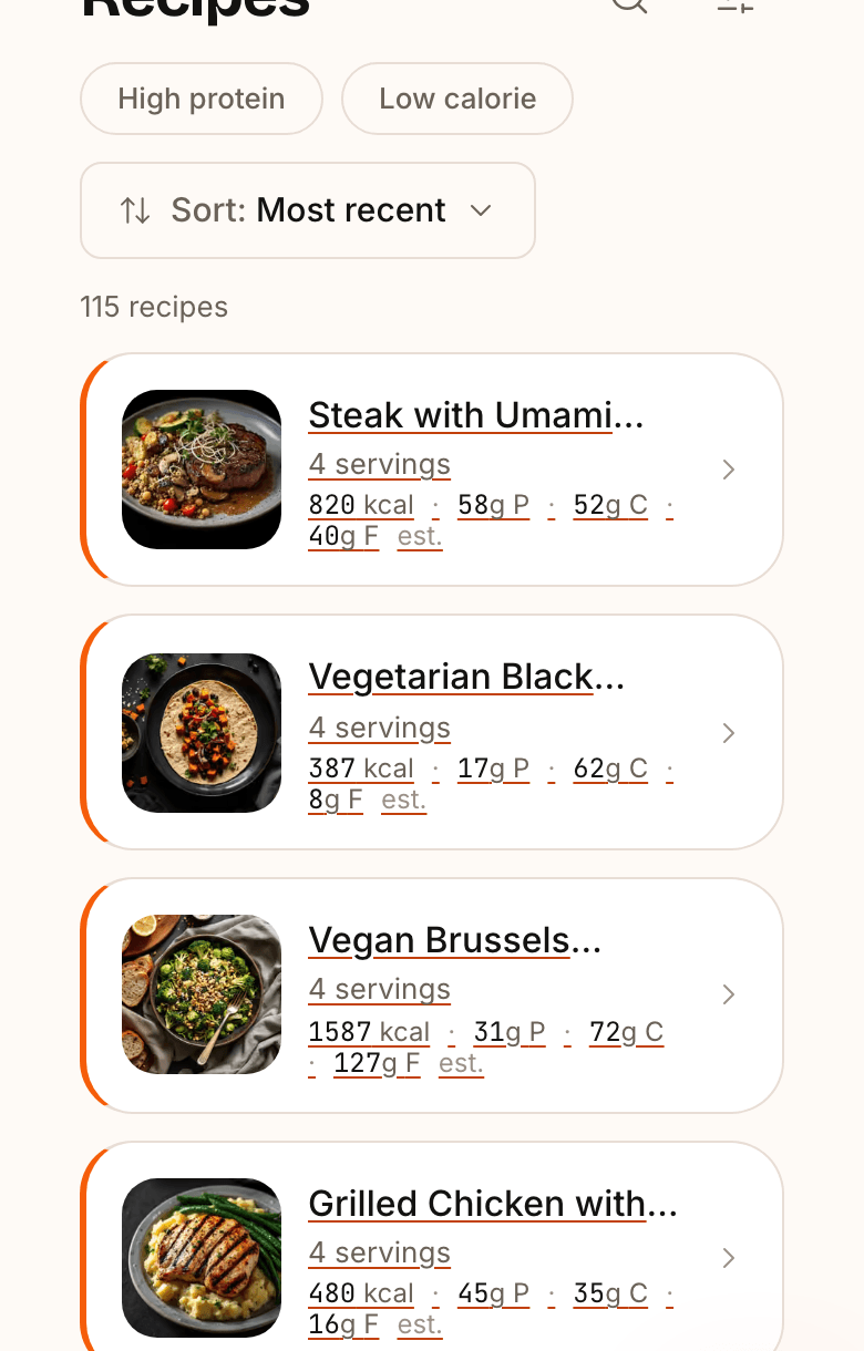 Pantri's Recipes screen: imported recipes with photos, servings and nutrition estimates.