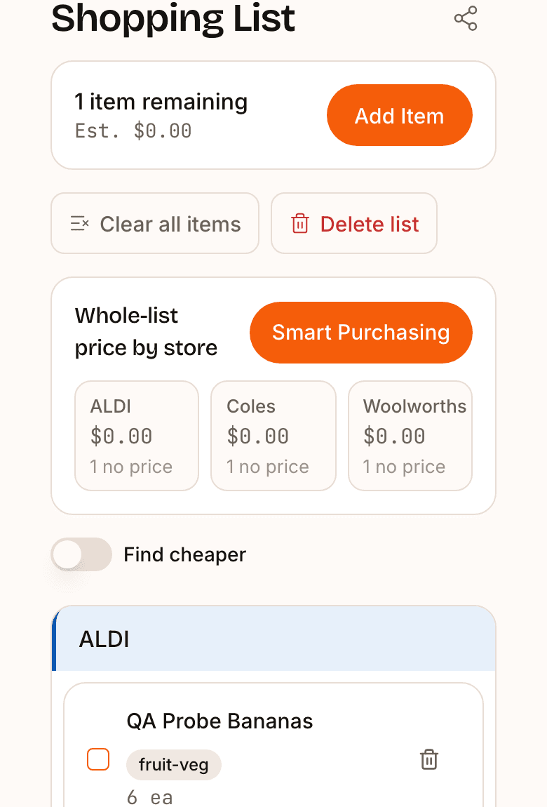 Pantri's shopping list: items generated from the week's plan with quantities.